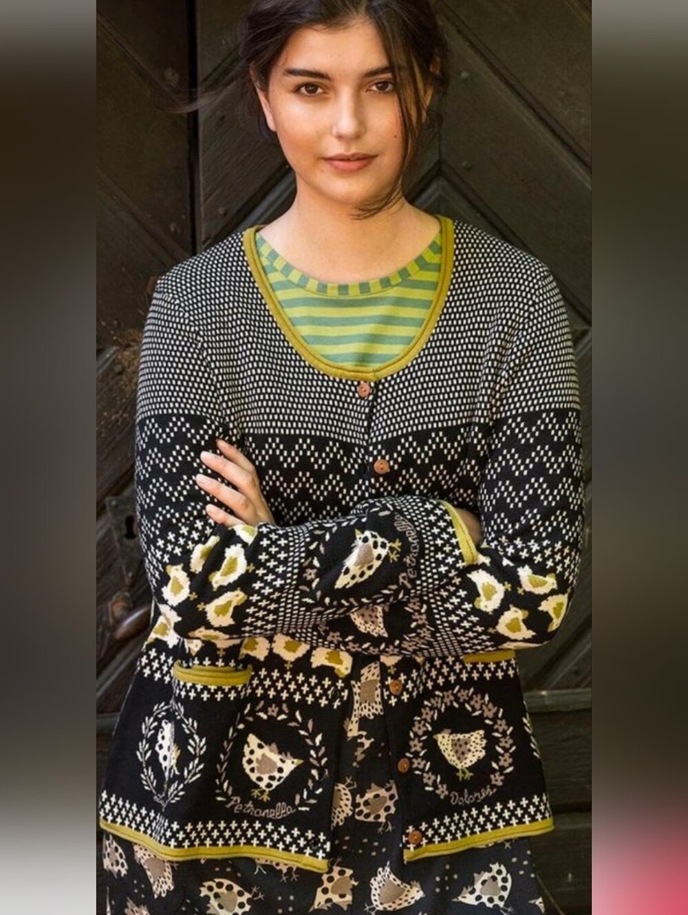 Gudrun Sjoden Black Knit Cardigan with Olive Trim and Patterned Accents